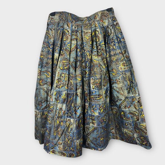 Vintage Doris Dodson Juniors 22" Waist Blue Gold A Line Poplin Metallic Skirt - Picture 2 of 9